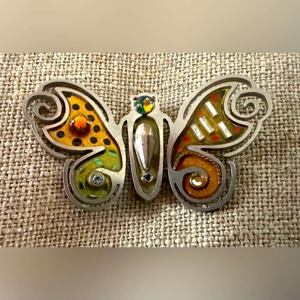 Artisan Handcrafted Steampunk Enamel Plique à Jour Enamel Butterfly Brooch Pin